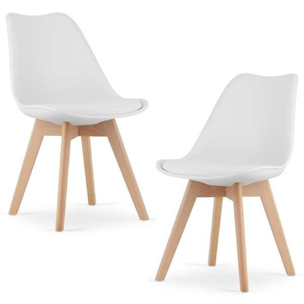 Set 2 Scaune Mercaton Grosseto, Stil Scandinav cu Picioare din Lemn, Sezut din PP si Perna din Piele Ecologica, Maxim 120 Kg, 49 x 45 x 82 cm, Alb