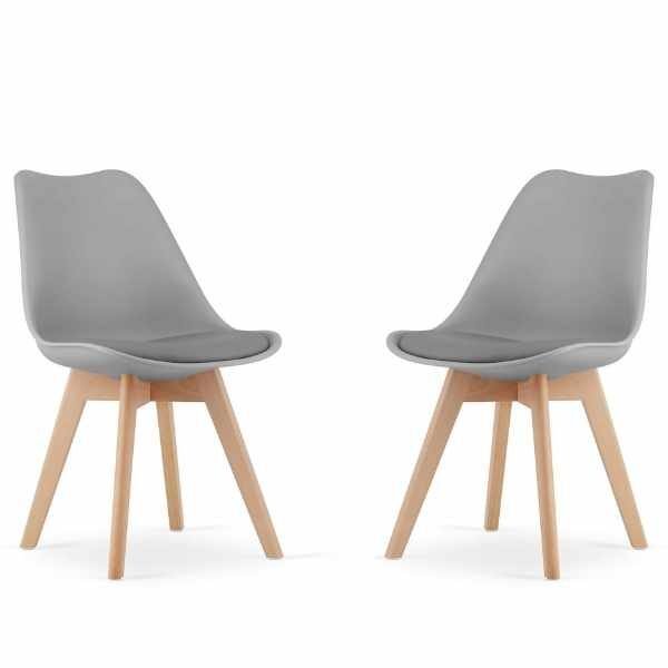 Set 2 Scaune Mercaton Grosseto, Stil Scandinav cu Picioare din Lemn, Sezut din PP si Perna din Piele Ecologica, Maxim 120 Kg, 49 x 45 x 82 cm, Gri Deschis