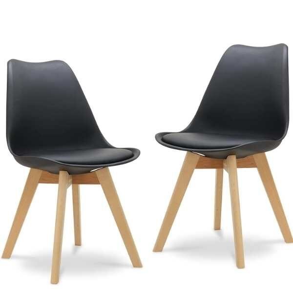Set 2 Scaune Mercaton Grosseto, Stil Scandinav cu Picioare din Lemn, Sezut din PP si Perna din Piele Ecologica, Maxim 120 Kg, 49 x 45 x 82 cm, Negru