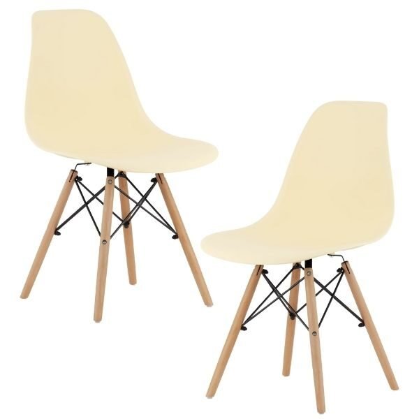 Set 2 Scaune, Stil Scandinav cu Picioare din Lemn de Fag, Sezut PP, 46 x 54 x 81 cm, Crem