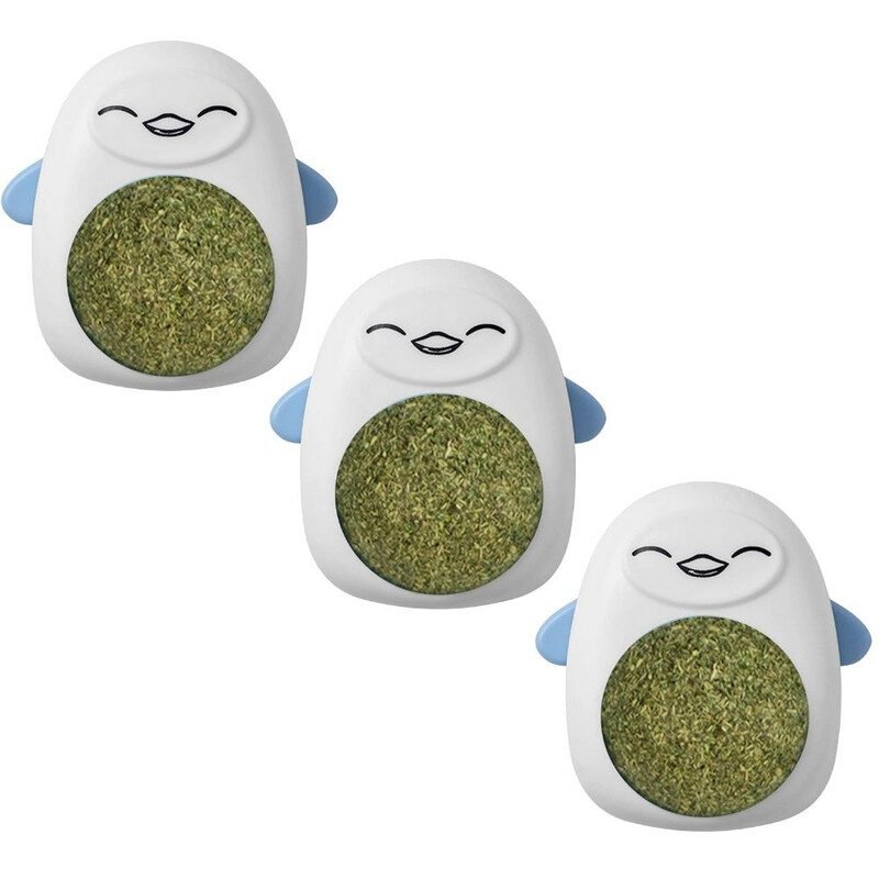 Set 3 Jucarii Mercaton pentru Pisicute, Model Pinguin, Minge Rotativa 360° din Iarba Catnip, 6 cm, Albastru