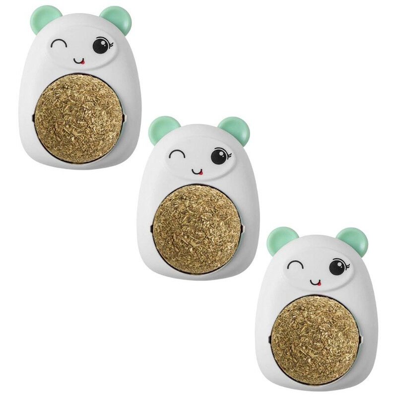 Set 3 Jucarii Mercaton pentru Pisicute, Model Ursulet, Minge Rotativa 360° din Iarba Catnip, 6 cm, Verde