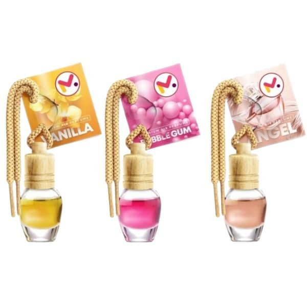 Set 3 Odorizante Auto in Sticla cu Snur si Capac din lemn, Arome Vanilie, Bubble Gum si Angel, 8 ml