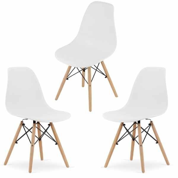 Set 3 Scaune Acerenza, Stil Scandinav cu Picioare din Lemn de Fag, Cadru Metalic, Sezut PP, Maxim 100 Kg, 40 x 50 x 77 cm, Alb