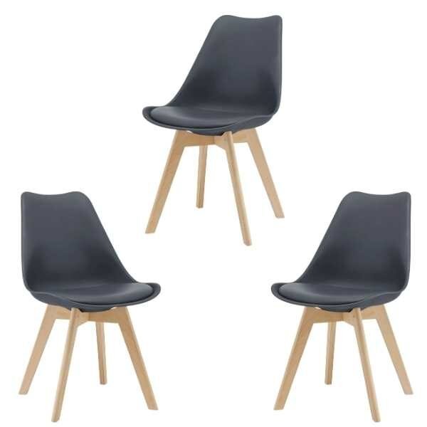 Set 3 Scaune Mercaton Grosseto, Stil Scandinav cu Picioare din Lemn, Sezut din PP si Perna din Piele Ecologica, Maxim 120 Kg, 48 x 41 x 83 cm, Gri Inchis