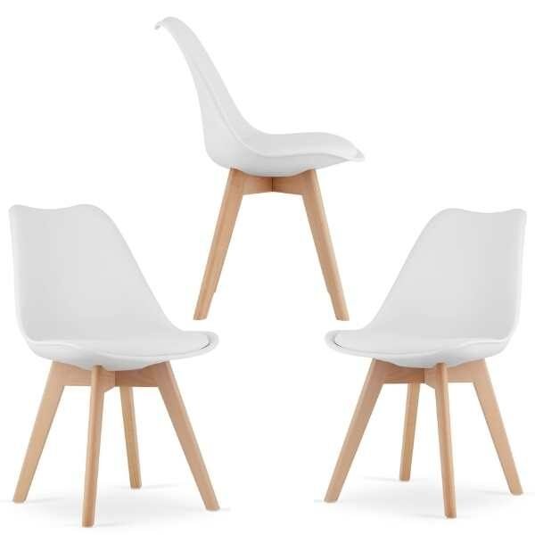 Set 3 Scaune Mercaton Grosseto, Stil Scandinav cu Picioare din Lemn, Sezut din PP si Perna din Piele Ecologica, Maxim 120 Kg, 49 x 45 x 82 cm, Alb