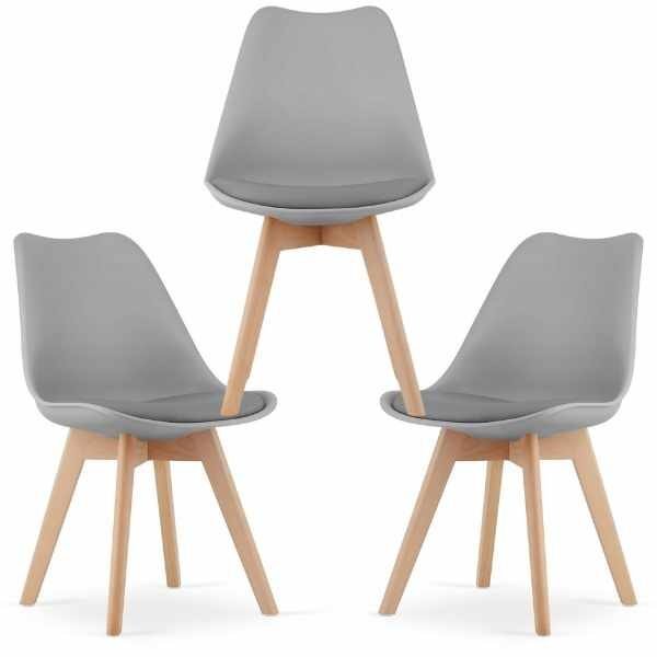 Set 3 Scaune Mercaton Grosseto, Stil Scandinav cu Picioare din Lemn, Sezut din PP si Perna din Piele Ecologica, Maxim 120 Kg, 49 x 45 x 82 cm, Gri Deschis