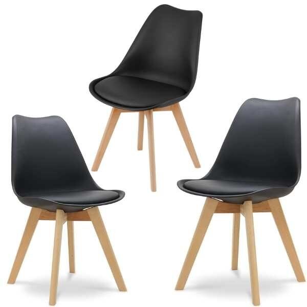 Set 3 Scaune Mercaton Grosseto, Stil Scandinav cu Picioare din Lemn, Sezut din PP si Perna din Piele Ecologica, Maxim 120 Kg, 49 x 45 x 82 cm, Negru