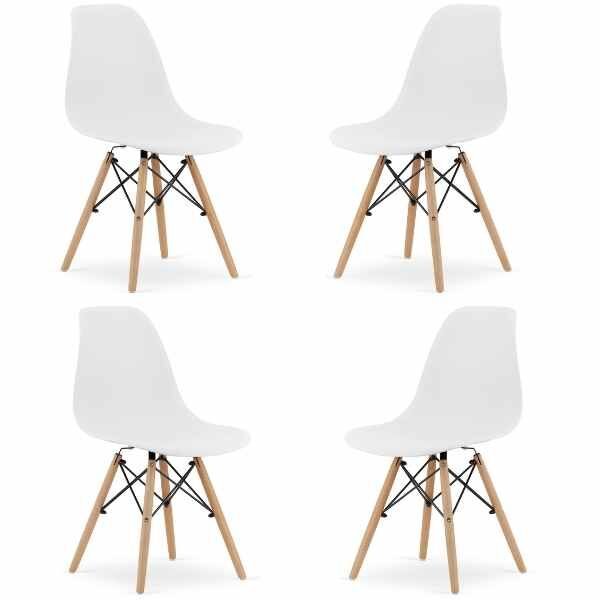 Set 4 Scaune Acerenza, Stil Scandinav cu Picioare din Lemn de Fag, Cadru Metalic, Sezut PP, Maxim 100 Kg, 40 x 50 x 77 cm, Alb