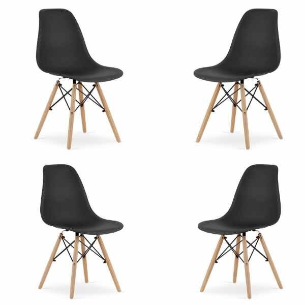 Set 4 Scaune Acerenza, Stil Scandinav cu Picioare din Lemn de Fag, Cadru Metalic, Sezut PP, Maxim 100 Kg, 40 x 50 x 77 cm, Negru