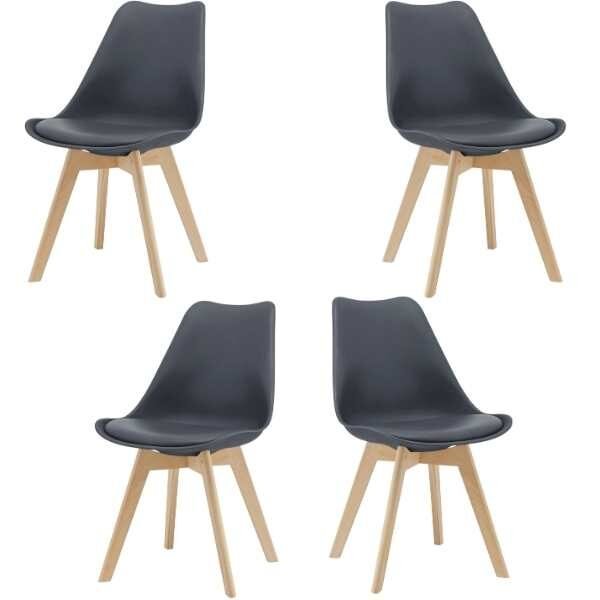 Set 4 Scaune Mercaton Grosseto, Stil Scandinav cu Picioare din Lemn, Sezut din PP si Perna din Piele Ecologica, Maxim 120 Kg, 48 x 41 x 83 cm, Gri Inchis