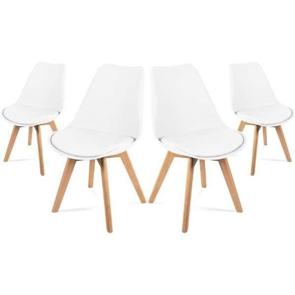 Set 4 Scaune Mercaton Grosseto, Stil Scandinav cu Picioare din Lemn, Sezut din PP si Perna din Piele Ecologica, Maxim 120 Kg, 49 x 45 x 82 cm, Alb