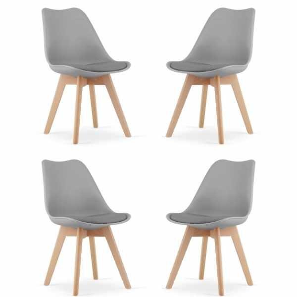 Set 4 Scaune Mercaton Grosseto, Stil Scandinav cu Picioare din Lemn, Sezut din PP si Perna din Piele Ecologica, Maxim 120 Kg, 49 x 45 x 82 cm, Gri Deschis