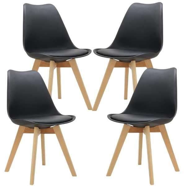 Set 4 Scaune Mercaton Grosseto, Stil Scandinav cu Picioare din Lemn, Sezut din PP si Perna din Piele Ecologica, Maxim 120 Kg, 49 x 45 x 82 cm, Negru