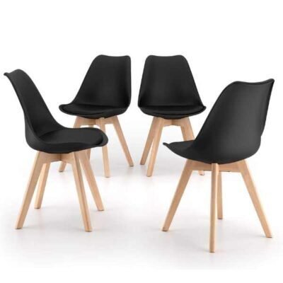Set 4 Scaune Stil Scandinav, cu Picioare din Lemn de Fag, Sezut din PP si Perna din Piele Ecologica, 49 x 43 x 82 cm, Negru