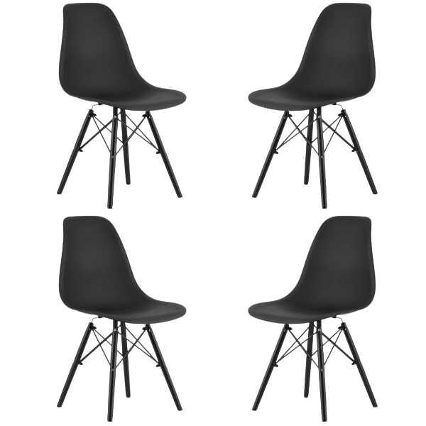 Set 4 Scaune Stil Scandinav cu Picioare din Lemn de Fag, Sezut PP, 46 x 54 x 81 cm, Negru