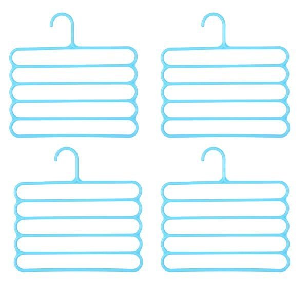 Set 4 umerase multifunctionale din plastic cu 5 pozitii pentru pantaloni, fuste, cravate, prosoape, care ajuta la economisirea spatiului, Anti-derapante, 31 x 31 cm, Albastru