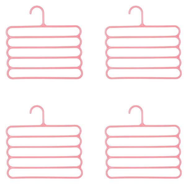 Set 4 umerase multifunctionale din plastic cu 5 pozitii pentru pantaloni, fuste, cravate, prosoape, care ajuta la economisirea spatiului, Anti-derapante, 31 x 31 cm, Roz