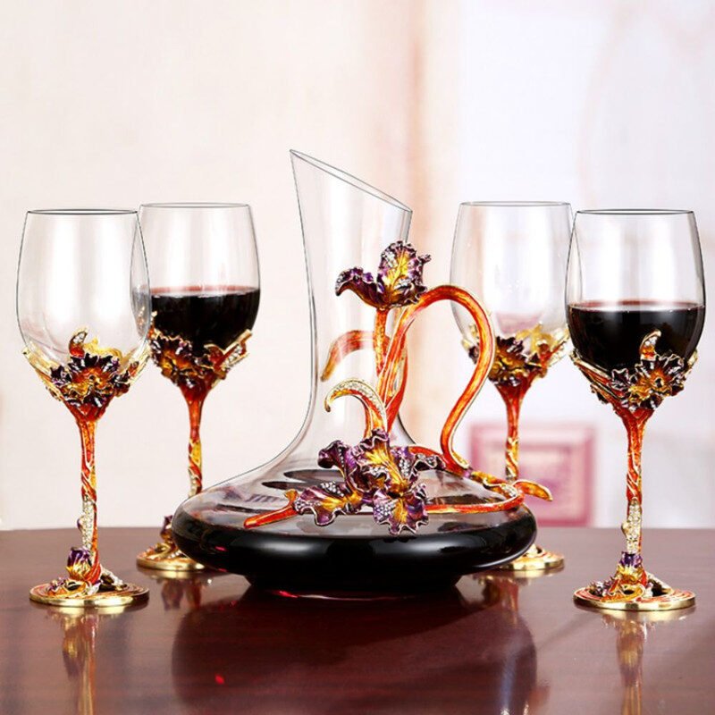 Set 5 piese Mercaton Fleur-de-Lis, Decantor Vin si 4 pahare Vintage, Lucrate Manual, 1500 / 350 ML