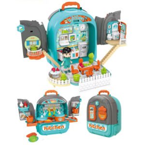 Set ghiozdan jucarie 3 in 1 Rovo 996, Bucatarie, Apartament Baietel, 86 piese, Albastru