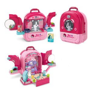 Set ghiozdan jucarie 3 in 1 Rovo 997-1, Spital Catel, Veterinar, 59 piese  – Roz