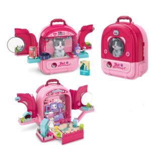 Set ghiozdan jucarie 3 in 1 Rovo 997-2, Spital Pisica, Veterinar, 59 piese – Roz