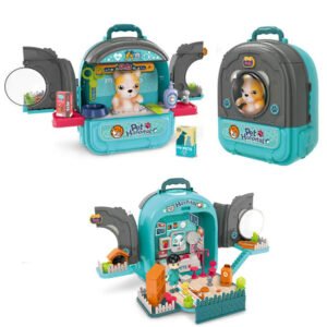 Set ghiozdan jucarie 3 in 1 Rovo 998-1, Spital Catel, Veterinar, 59 piese – Albastru