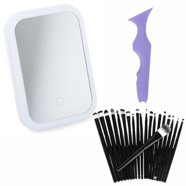 Set Make-up din 22 Piese, Oglinda cu LED si Incarcare USB, 20 de Pensule Antialergice si Sablon Multifunctional 5-in-1 Eyeliner din Silicon