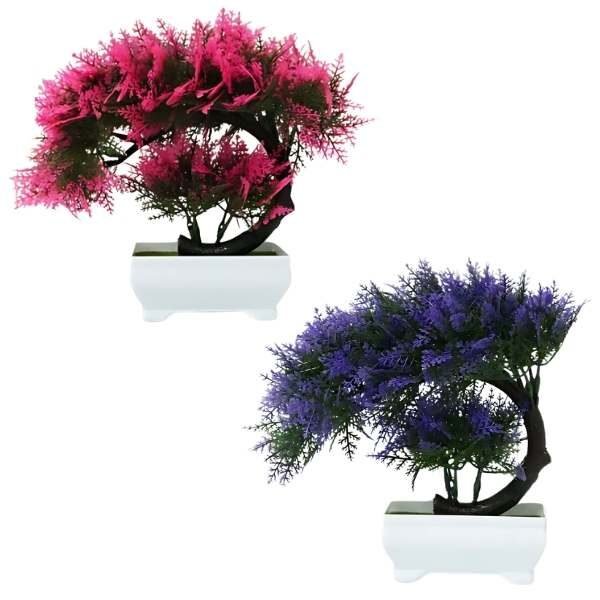 Set Mercaton, 2 Bonsai Artificiali Decorativi in Ghivechi, 1 Mov si 1 Roz, 28 cm