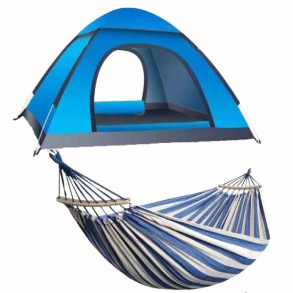 Set Mercaton, Cort Automat 3-4 Persoane 200x200x135 cm, Impermeabil, Protectie UV, Albastru si Hamac cu Suport Lemn, Anti-Incalcire, 280×80 cm, Maxim 180 kg