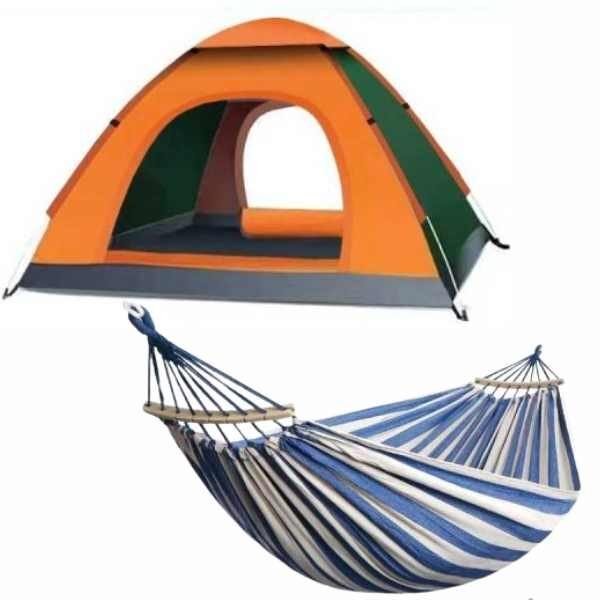 Set Mercaton, Cort Automat 3-4 Persoane 200x200x135 cm, Impermeabil, Protectie UV, Portocaliu si Hamac cu Suport Lemn, Anti-Incalcire, 280×80 cm, Maxim 180 kg