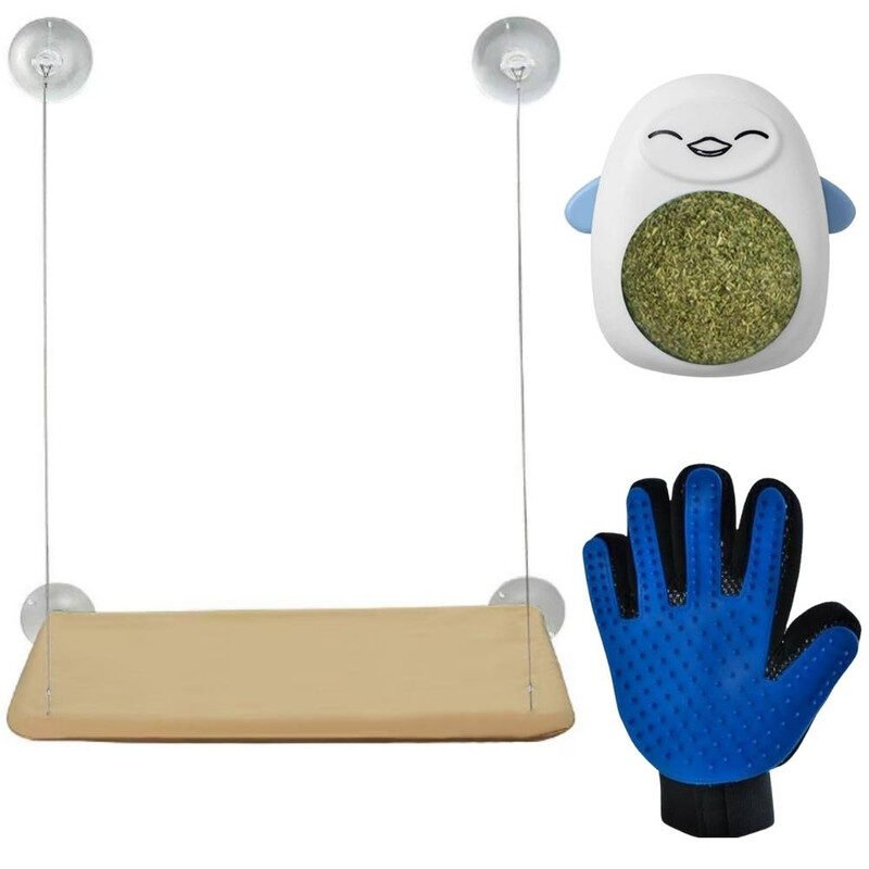 Set Mercaton, Hamac cu Ventuze pentru Pisicute, Minge Rotativa cu Iarba Catnip si Manusa pentru Curatarea Blanii, Multicolor