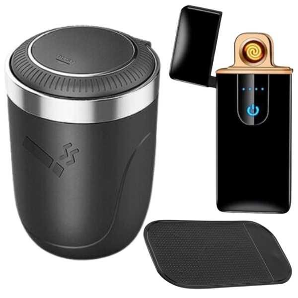 Set Mercaton, Scrumiera Neagra cu Iluminare Led, Interior din Otel Inoxidabil, Bricheta Neagra, Electrica Antivant in Cutie, Incarcare USB, Senzor Digital, Indicator LED si Pad din Silicon Cauciucat si Antiderapant