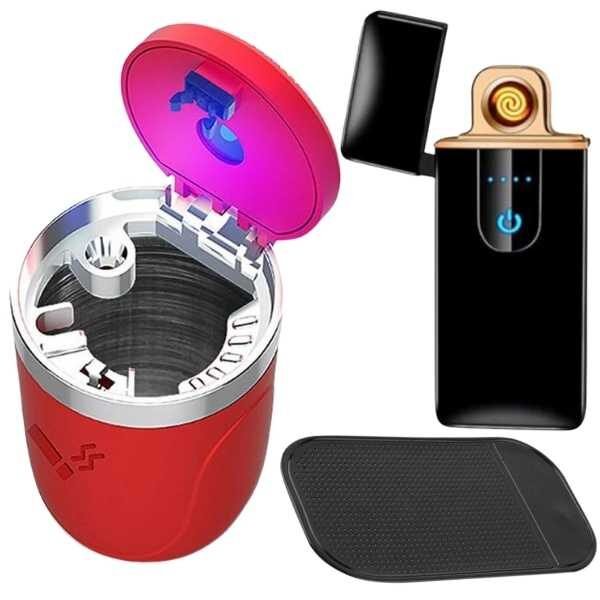 Set Mercaton, Scrumiera Rosie cu Iluminare Led, Interior din Otel Inoxidabil, Bricheta Neagra, Electrica Antivant in Cutie, Incarcare USB, Senzor Digital, Indicator LED si Pad din Silicon Cauciucat si Antiderapant