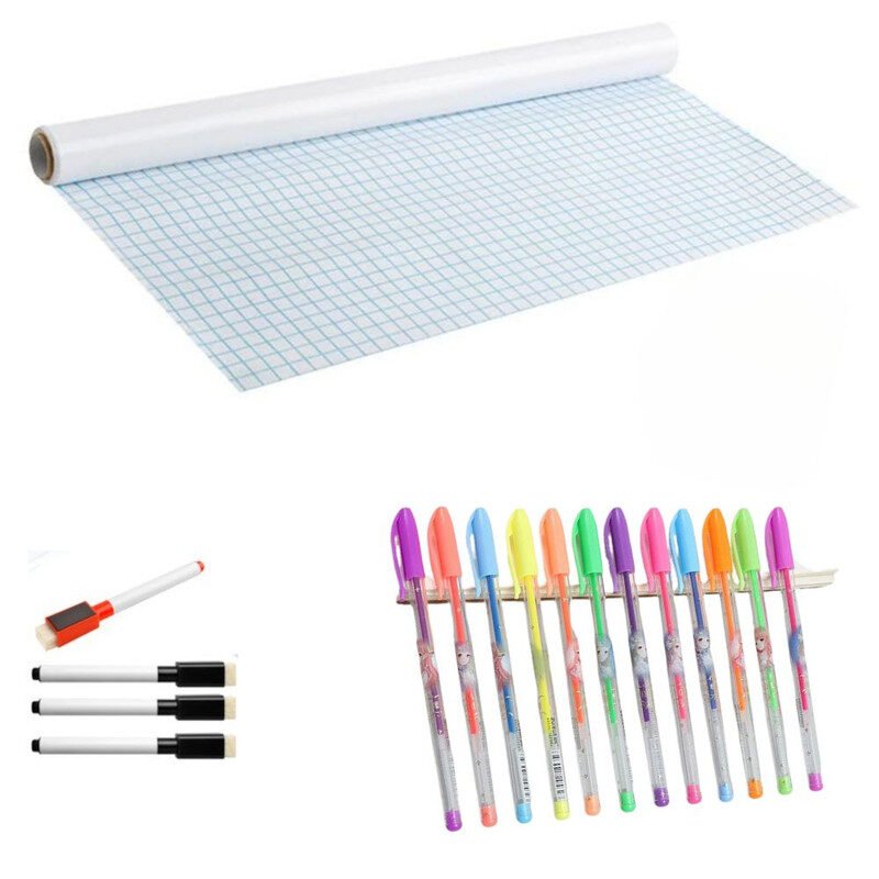 Set Rola de hartie autoadeziva pentru scris si desenat cui 4 markere cu magnet si burete si 36 pixuri parfumate cu gel cu sclipici permanente, 200 x 45 cm