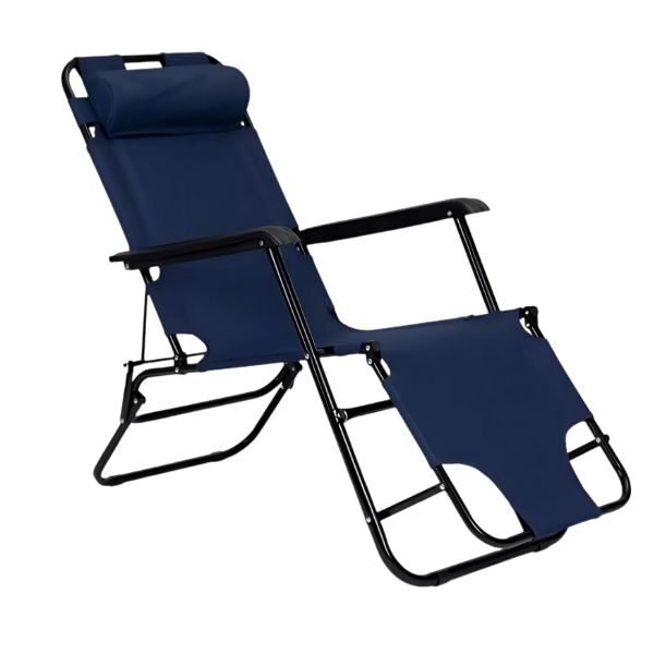 Sezlong Pliabil cu Cadru Metalic Negru si Perna, Max 160 kg, 178x47x92 cm, Albastru Inchis