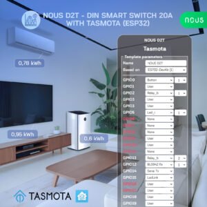 Siguranta inteligenta Nous D2T, 20A, Tasmota,  1 canal, Monitorizare energie, montare pe sina DIN, ESP32