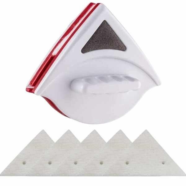 Stergator Dublu Mercaton cu Magnet pentru Curatarea Geamurilor cu Grosime intre 3 si 8 mm si 10 Bureti de Rezerva, Alb cu Rosu