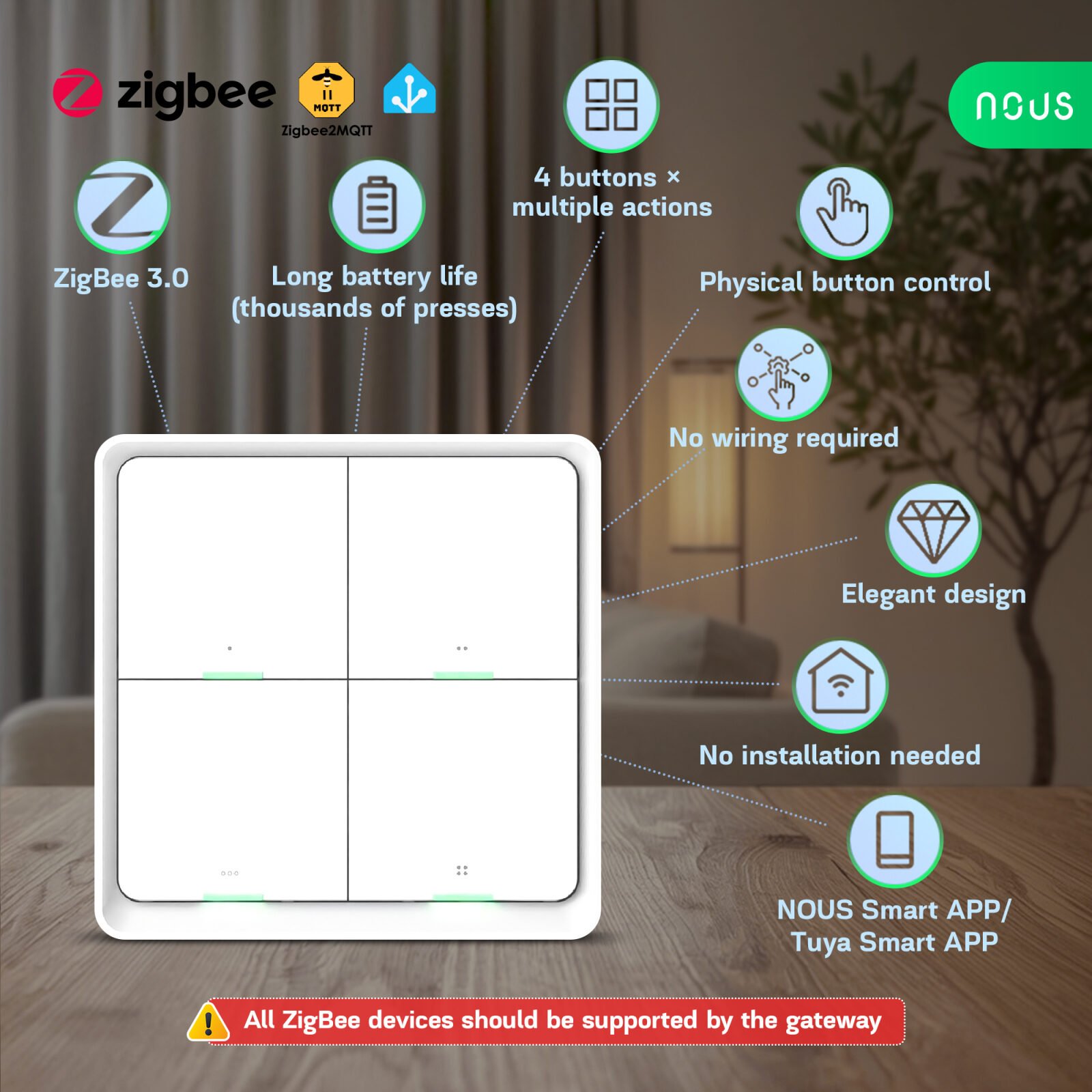 telecomanda smart nous c1 zigbee, 4 butoane, control scene smart, wireless, compatibil alexa google assistant 2 Telecomanda Smart NOUS C1 Zigbee, 4 butoane, control scene smart, wireless, compatibil Alexa Google Assistant - imagine 2