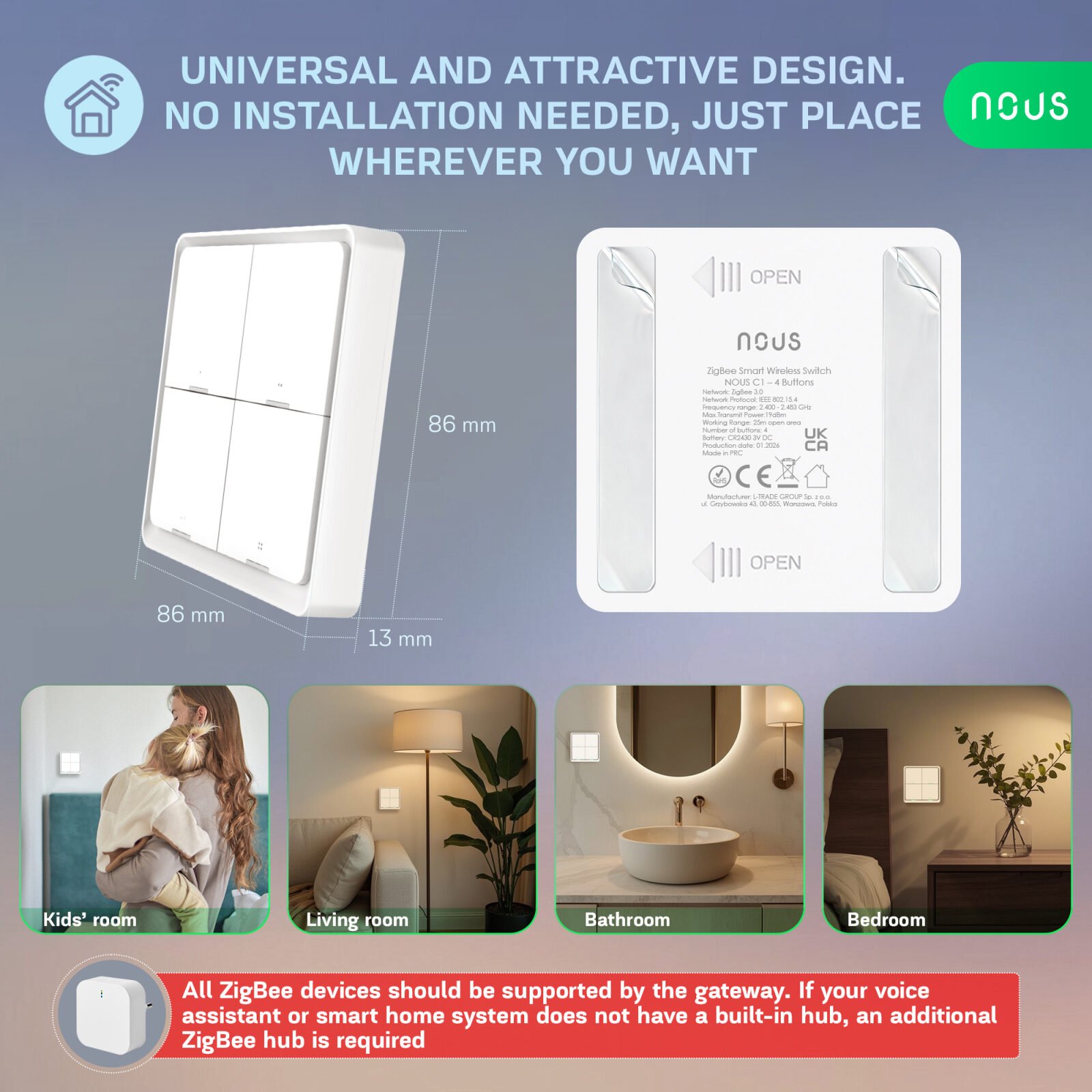 telecomanda smart nous c1 zigbee, 4 butoane, control scene smart, wireless, compatibil alexa google assistant 4 Telecomanda Smart NOUS C1 Zigbee, 4 butoane, control scene smart, wireless, compatibil Alexa Google Assistant - imagine 4