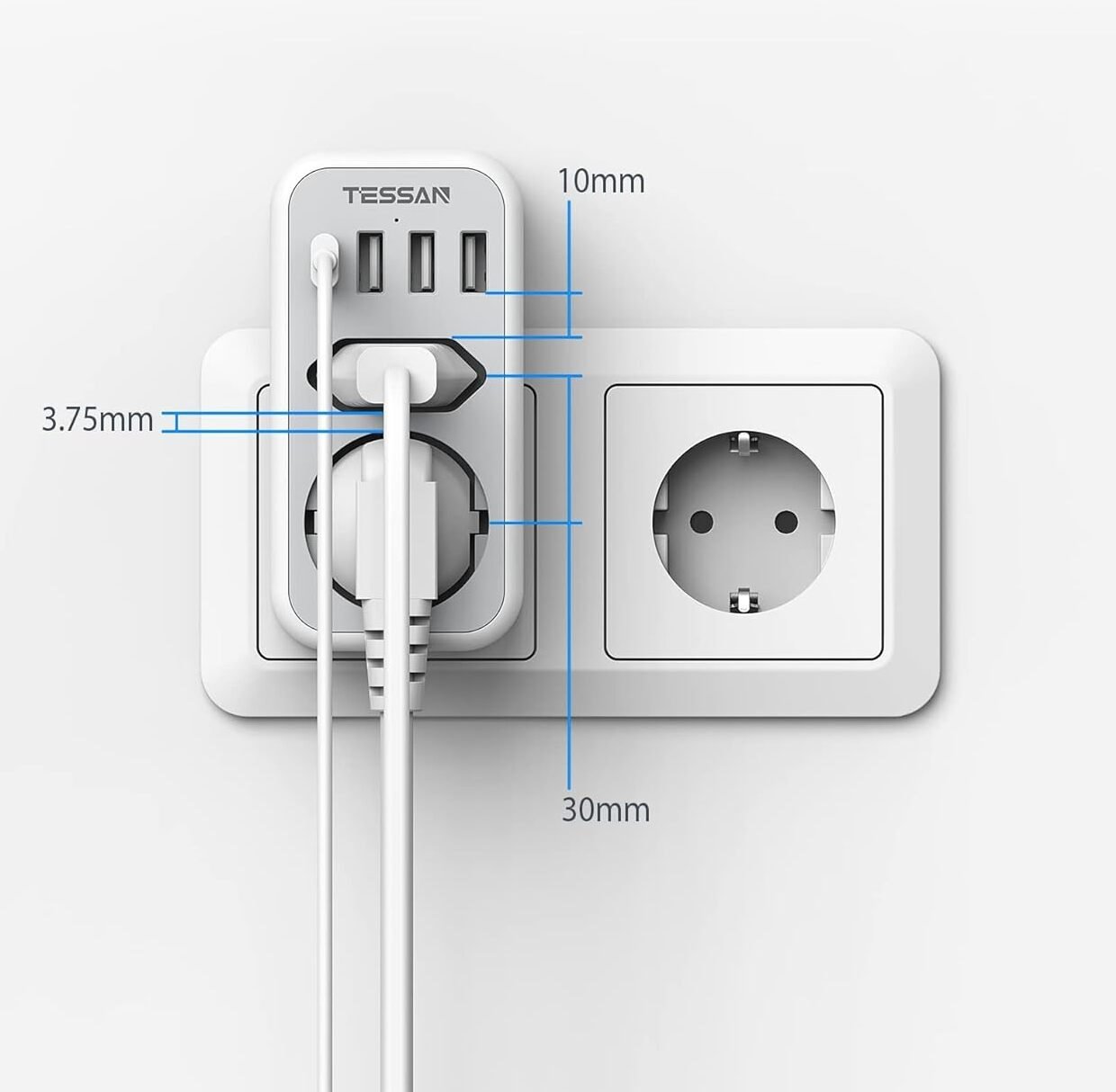 priza multipla tessan ts-328, 2 prize, 1 port usb-c, 3 porturi usb, 240 v, alb , 3600w 4 Priza Multipla Tessan TS-328, 2 Prize, 1 port USB-C, 3 Porturi USB, 240 V, Alb , 3600W - imagine 4