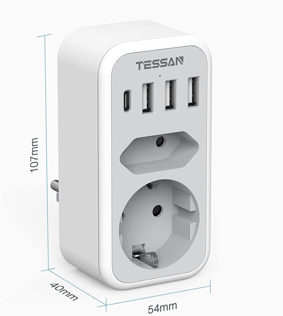 priza multipla tessan ts-328, 2 prize, 1 port usb-c, 3 porturi usb, 240 v, alb , 3600w 2 Priza Multipla Tessan TS-328, 2 Prize, 1 port USB-C, 3 Porturi USB, 240 V, Alb , 3600W - imagine 2
